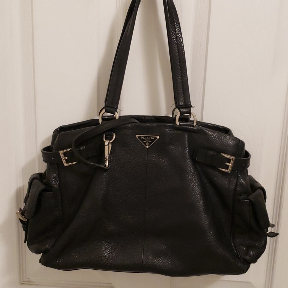 Prada Black Leather Shoulder Bag with Silver Hardware